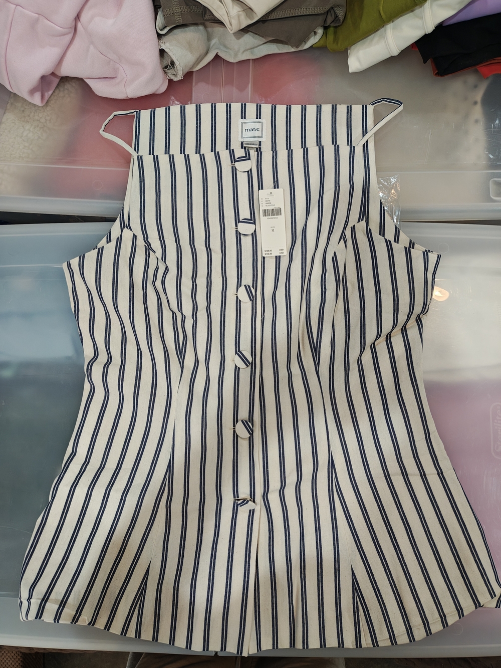 Maeve White and Navy Vertical-Strip Square-Neck Button Front Tank